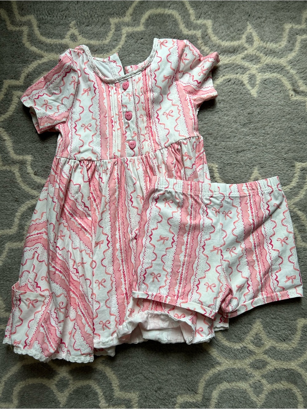 Kids Pink Striped Bow Set - Short Sleeve Dress & Shorts